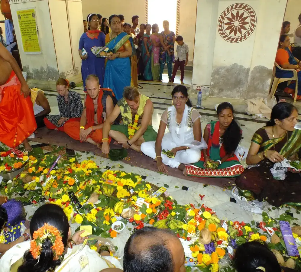 Devotees gathered in the temple hall